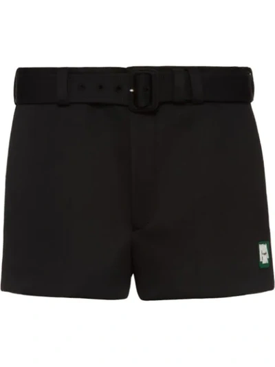 Prada Logo-patch Belted Technical-jersey Shorts In Black