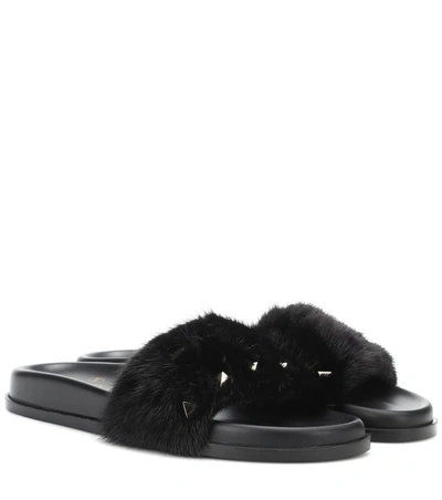 Valentino Garavani Mink Fur Slides In Black