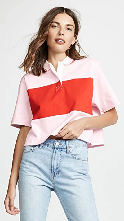 Tory Sport Colorblock Cropped Polo Shirt In Cotton Pink/ Red