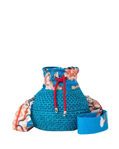 Maison Alma Diamond Basket Woven Bucket Bag In Blue