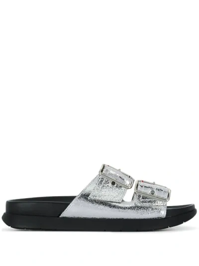 Tommy Hilfiger Buckled Sliders In Silver
