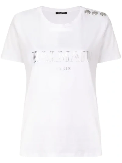 Balmain Logo Print Button Detail Cotton T-shirt In Gac White