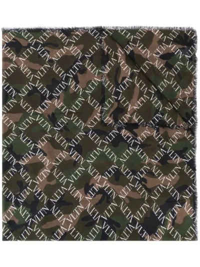 Valentino Camouflage Logo Grid Print Scarf In Green