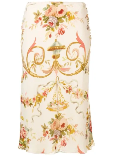 Pre-owned Dior 2000s  Floral-print Silk Skirt In Neutrals