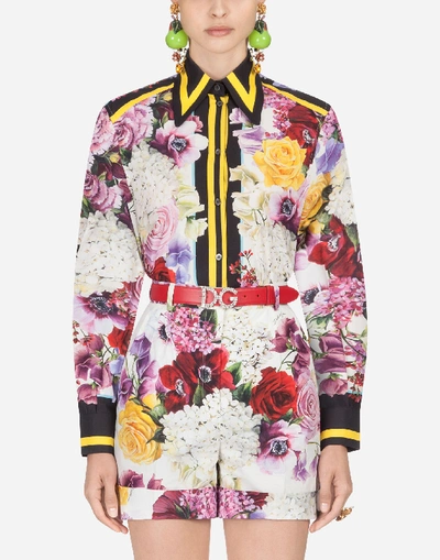 Dolce & Gabbana Stripe Trim Floral Print Poplin Shirt