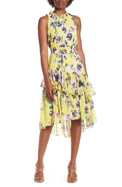 Eliza J Floral Asymmetric Tiered Dress In Citrus