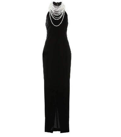 Balmain Imitation Pearl Necklace Halter Evening Dress In Black
