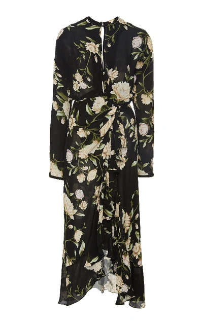 Johanna Ortiz Melodias Salvajes Front Slit Floral Print Silk Dress In Nights In Cali Black/ Ecru