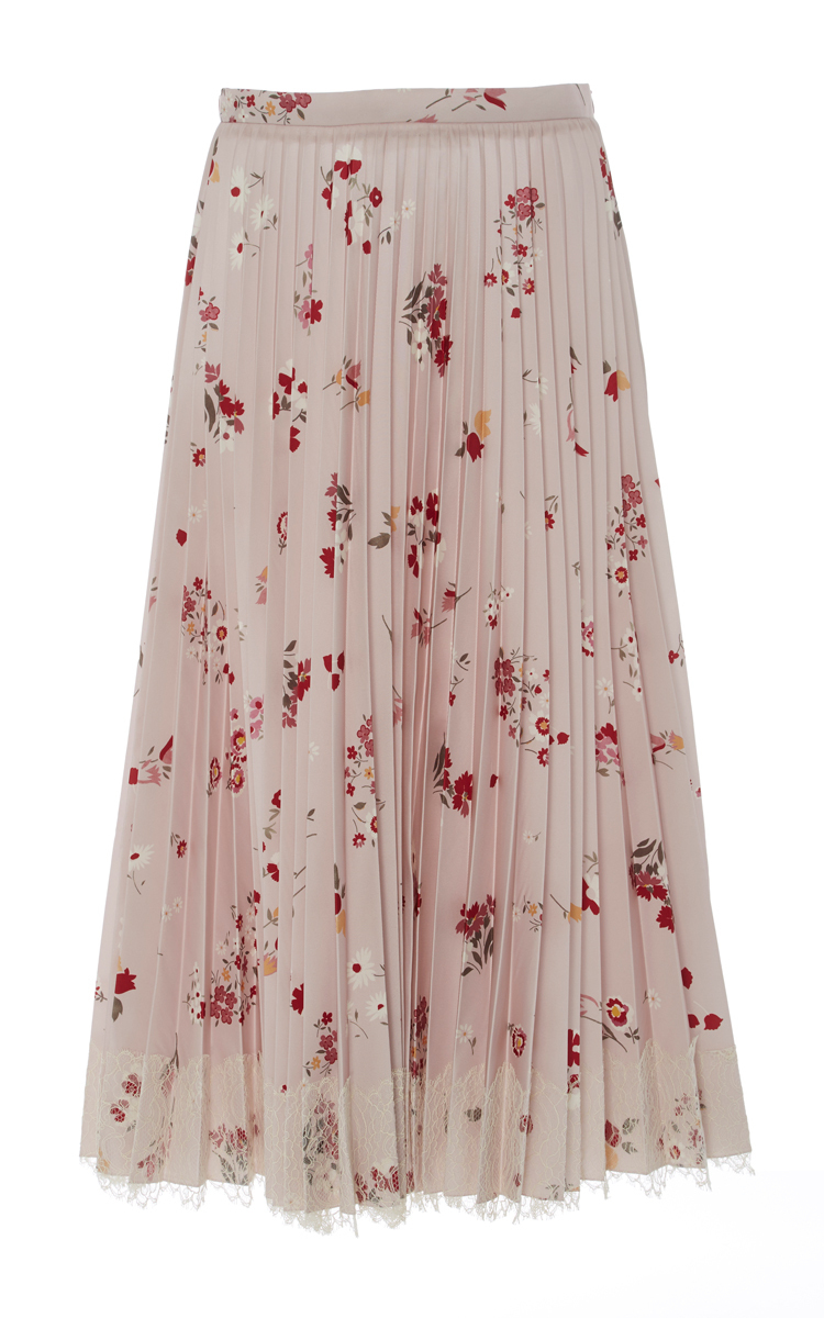 Red Valentino Floral Print Pleated Skirt With Lace Fringe | ModeSens