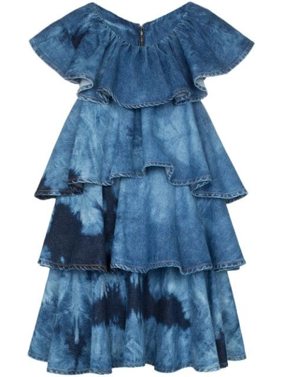 Msgm Tie-dye Tiered Denim Mini Dress In Blue