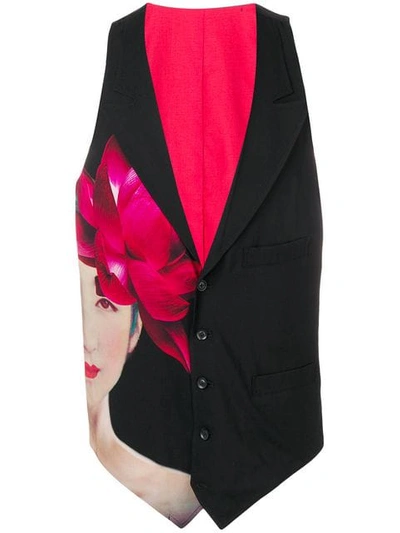 Yohji Yamamoto Black Woman Print Peak Lapel Vest