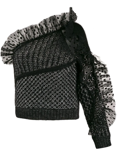 Alberta Ferretti Superkid One-shoulder Ruffled Mohair-blend Top In Black