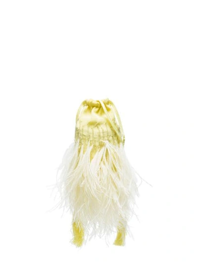 Attico Tasseled Feather-trimmed Beaded Cotton Pouch In Yellow