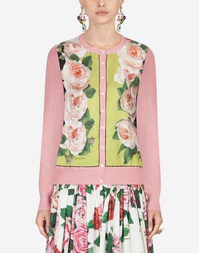 Dolce & Gabbana Floral-print Silk Twill-paneled Knitted Cardigan In Rose-grn