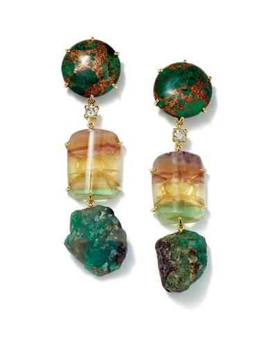 Jan Leslie 18k Bespoke One-of-a-kind Luxury 3-tier Earring With Copper Azurite, Fluorite, Raw Emerald, And Diam