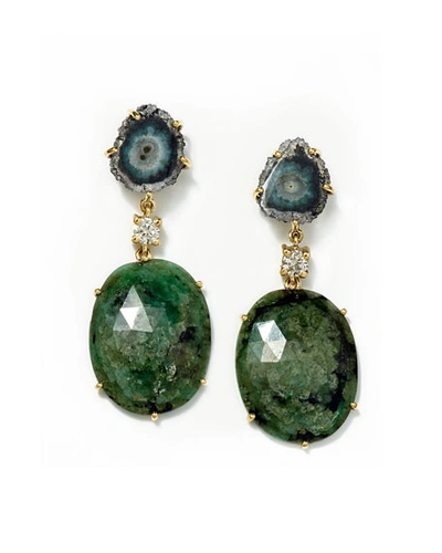Jan Leslie 18k Bespoke 2-tier Tribal Luxury Earring With Jasper Stalactite, Faceted Emerald, And Diamond
