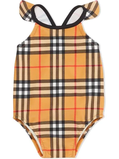Burberry Babies' Ruffle Detail Vintage Check Swimsuit In Antique Yellow Check