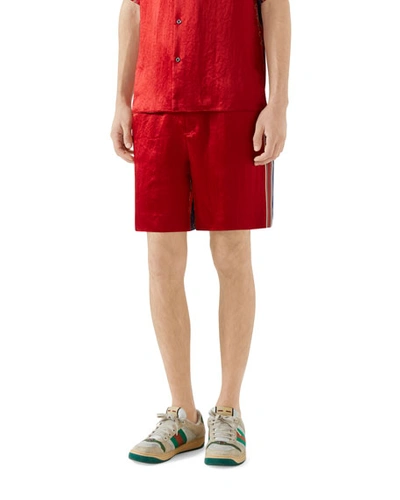 Gucci Men's Silk-front Chain Striped Shorts In Red Pattern