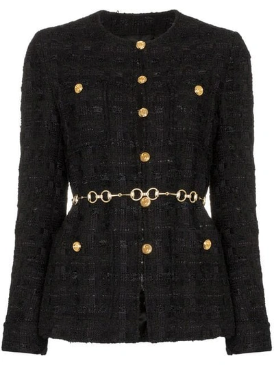 Gucci Fitted Tweed Jacket With Chain Belt In Black