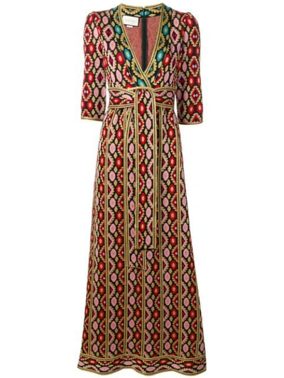 Gucci Jardin En Hiver Metallic Jacquard Maxi Dress In Red/ Pink/ Blue