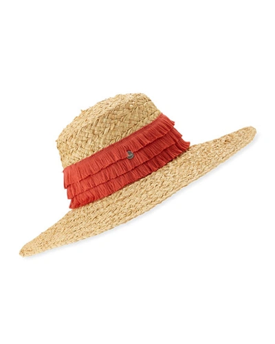 Tracy Watts Mar Braided Raffia Sun Hat W/ Fringe Trim In Natural/brick