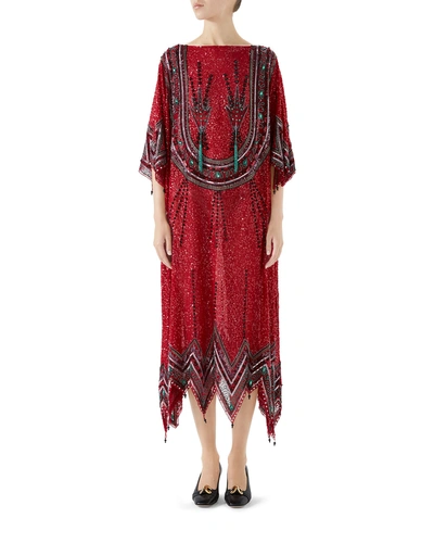 Gucci Embroidered Georgette Dress In Dark Red