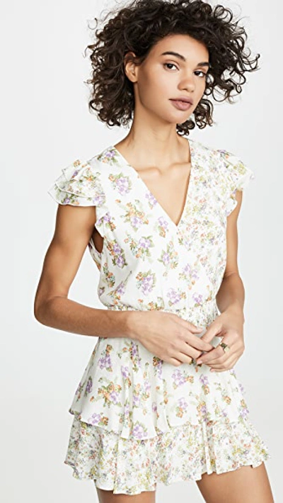 Alice And Olivia Mariska Floral-print V-neck Short-sleeve Ruffled Skort Romper In Cream
