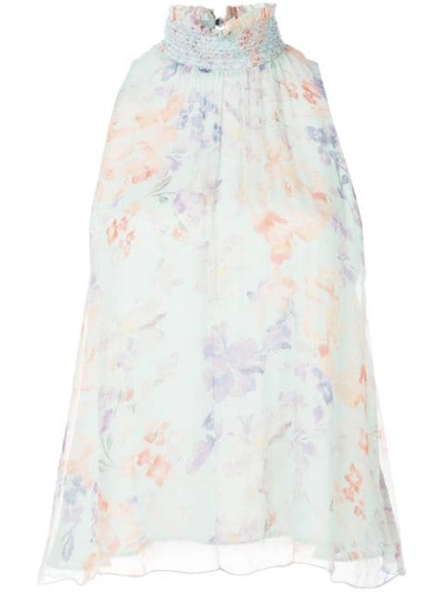 Alice And Olivia Annmarie Smocked Highneck Floral Tank In Water Petal Blue/multi