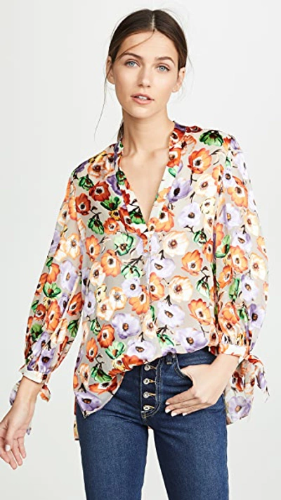 Alice And Olivia Sheila Floral Blouson-sleeve Henley Top In Orchid/ Multi