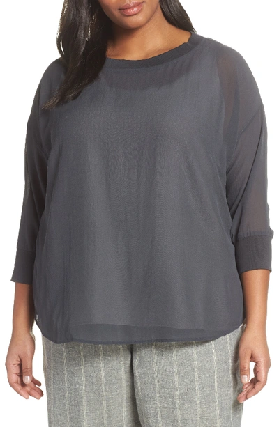 Eileen Fisher Plus Size 3/4-sleeve Sheer Silk Top In Graphite