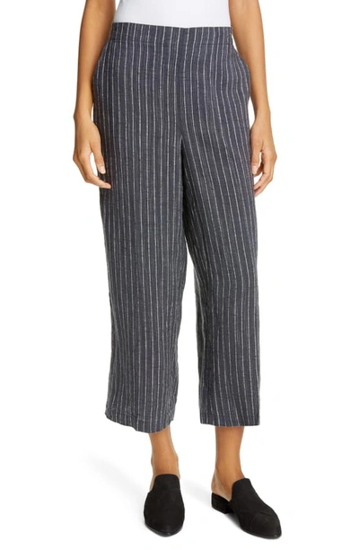 Eileen Fisher Petite Linen Pinstripe Wide-leg Cropped Pants In Graphite