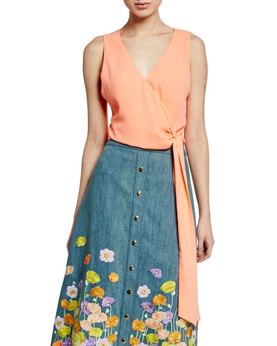 Alice And Olivia Azzie Asymmetric Sleeveless Wrap Crop Top In Neon Peach