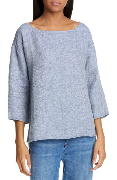 Eileen Fisher Plus Size Chevron Boat-neck 3/4-sleeve Organic Linen Top In Chambray