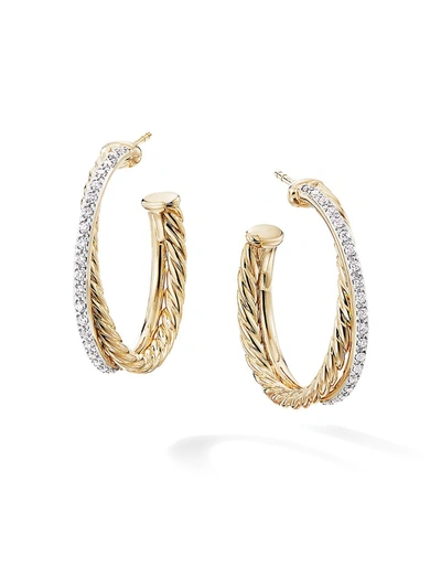 David Yurman Crossover Medium Hoop Earrings In 18k Yellow Gold With Diamonds In White/gold