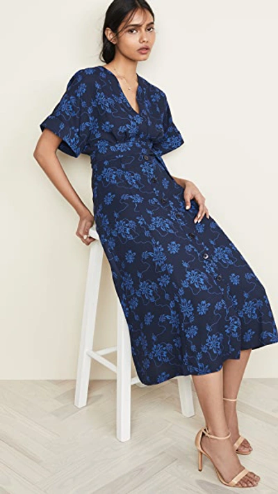 Equipment Nauman A-line Floral Midi Dress In Eclipse/ Bleu Cotier