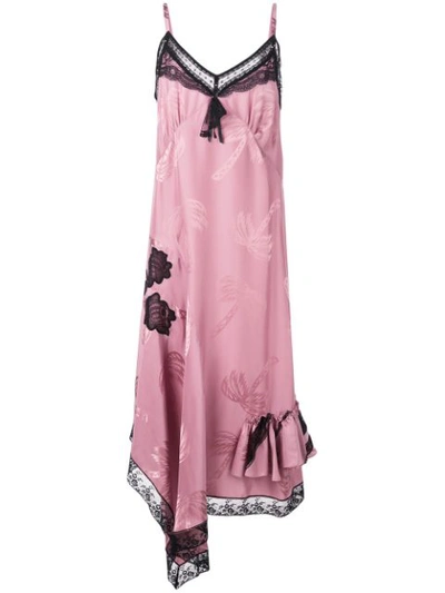 Coach Palm Tree Jacquard Slip Dress W/ Lace In Pink