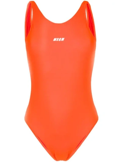 Msgm Logo Open Back Swimsuit In Orange
