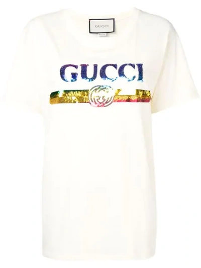 Gucci Logo Sequinned T-shirt In Neutrals