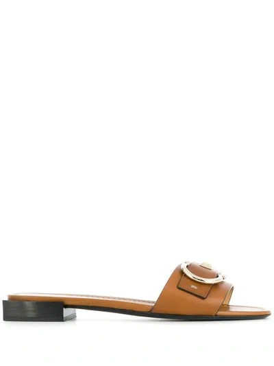 Ferragamo Solar Embellished Leather Slides In Brown