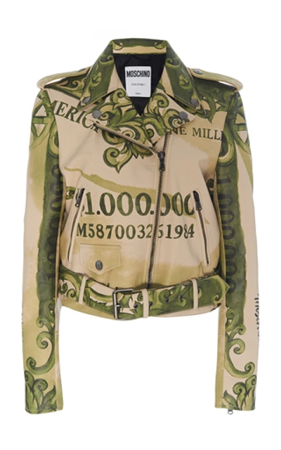 Moschino Printed Leather Biker Jacket In Green