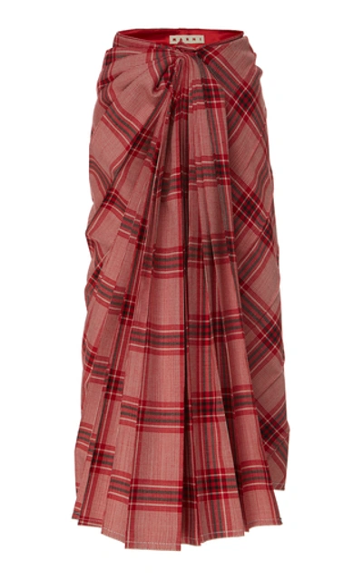 Marni Pleated Plaid Wool Midi Skirt