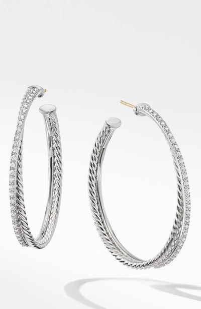 David Yurman Sterling Silver Crossover Hoop Earrings With Diamonds In White/silver