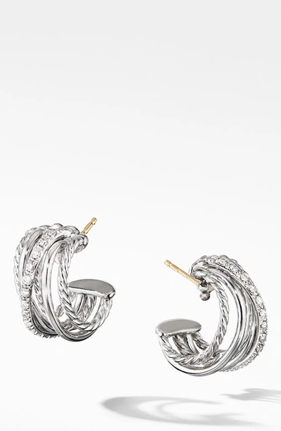 David Yurman Sterling Silver Crossover Huggie Hoop Earrings With Diamonds In White/silver