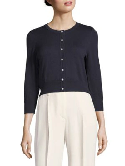 Karl Lagerfeld Lace Back Ruffle Cardigan In Navy