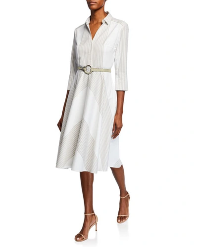 Elie Tahari Candence Striped V-neck 3/4-sleeve Belted Dress In Birch Pearl