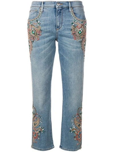 Roberto Cavalli Crystal Embroidered Cropped Jeans In Blue