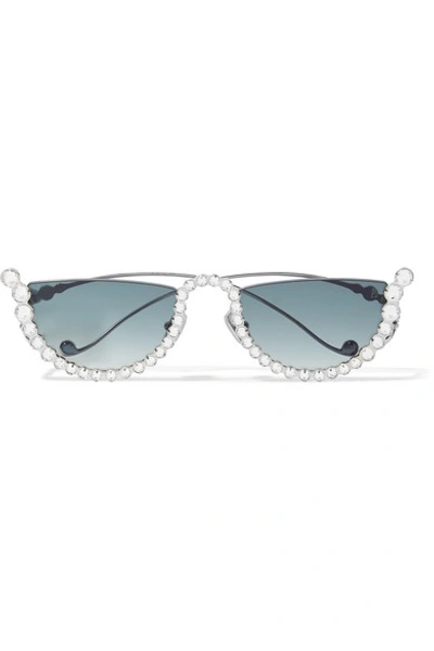 Anna-karin Karlsson Half Moon Cat-eye Crystal-embellished White Gold-plated Sunglasses In Blue