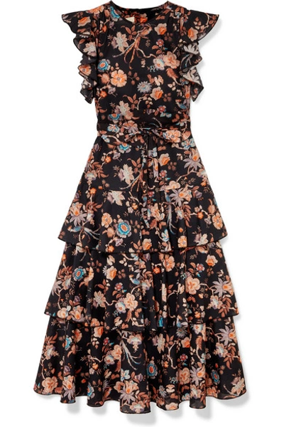 Anna Mason Rufflette Tiered Floral-print Cotton-poplin Midi Dress In Black