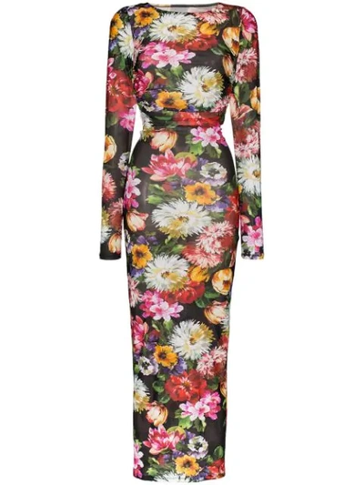 Dolce & Gabbana Floral-print Stretch-tulle Maxi Dress In Hnt62 Fiori Fdo Nero