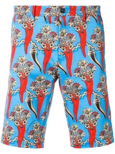 Dolce & Gabbana Printed Stretch Cotton Bermuda Shorts In Blue